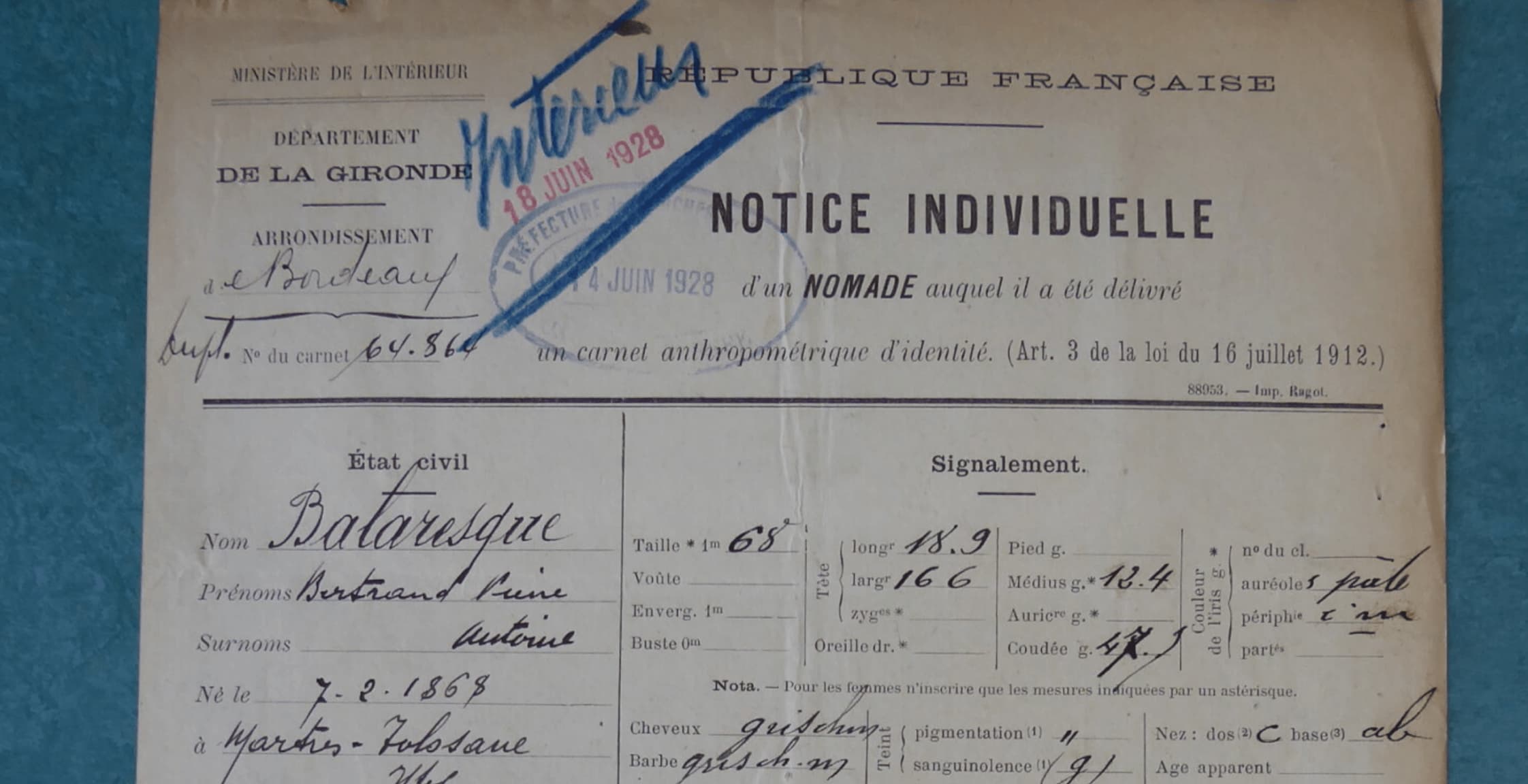 Carnet anthropométrique — Archives départementales de la Gironde